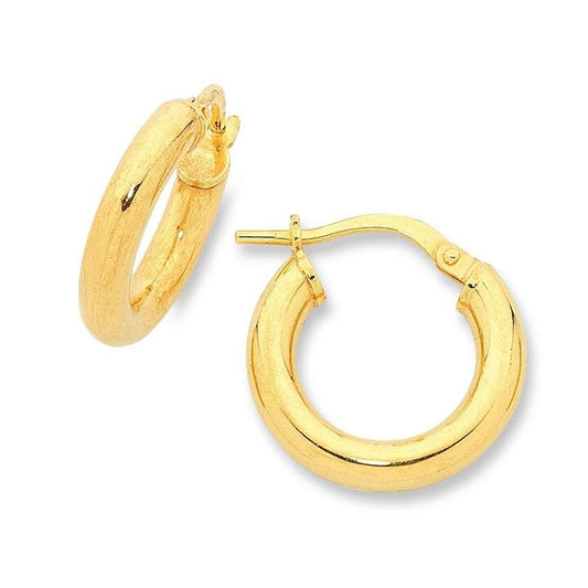 Image of Earrings. Productname: 9kt Yellow Gold Silver Infused 10mm Hoop Earrings in Gold colour by brand - Bevilles