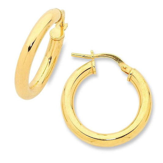 Image of Earrings. Productname: 9kt Yellow Gold Silver Infused 15mm Hoop Earrings in Gold colour by brand - Bevilles