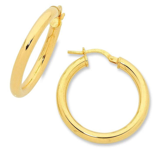 Image of Earrings. Productname: 9kt Yellow Gold Silver Infused 20mm Hoop Earrings in Gold colour by brand - Bevilles
