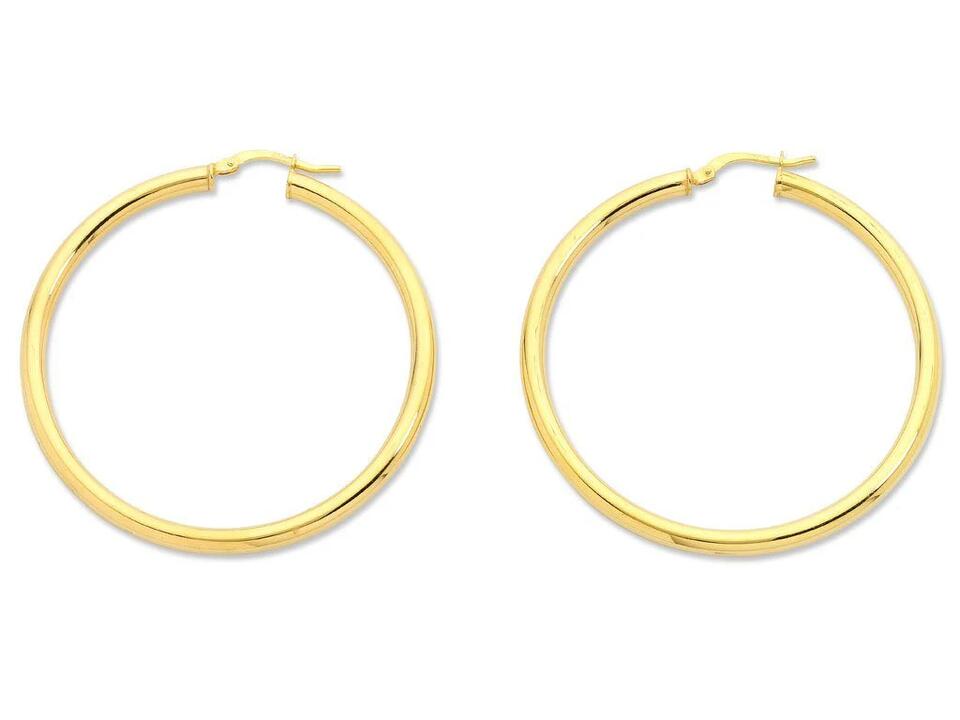 Image of Earrings. Productname: 9kt Yellow Gold Silver Infused 40mm Hoop Earrings in Gold colour by brand - Bevilles