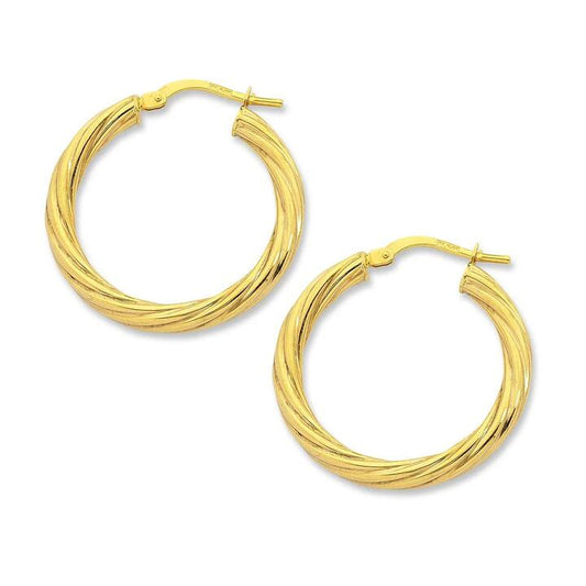 Image of Earrings. Productname: 9kt Yellow Gold Silver Infused 20mm Twist Hoop Earrings in Gold colour by brand - Bevilles