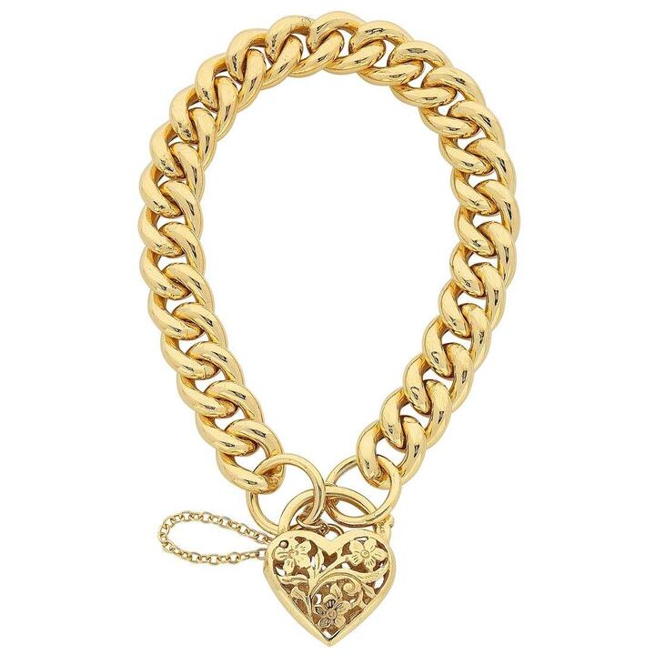 Image of Bracelets. Product name - 20cm Filigree Heart Padlock Curb Bracelet in 9kt Yellow Bonded Gold in colour by brand - Bevilles