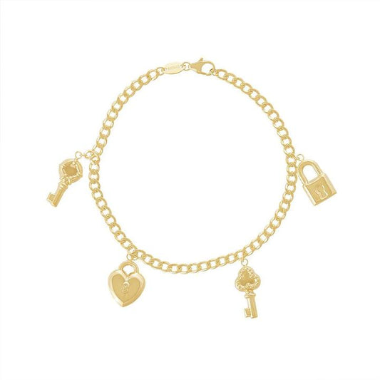 Image of Bracelets. Productname: 9kt Yellow Gold Silver Infused Lock and Key Charm Bracelet in Gold colour by brand - Bevilles