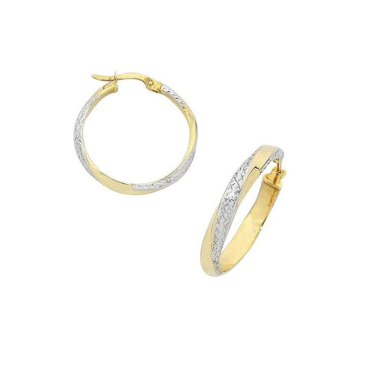 Image of Earrings. Productname: Patterned Twist Earrings in 9kt Yellow and White Bonded Gold in Gold colour by brand - Bevilles