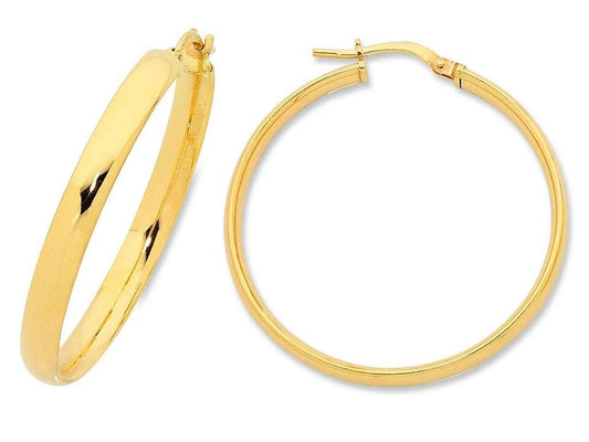 Image of Earrings. Productname: 30mm Half Round Hoop Earrings in 9kt Yellow Bonded Gold in colour by brand - Bevilles
