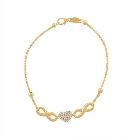 Image of Bracelets. Productname: 9kt Yellow Gold Silver Infused Double Infinity and Heart Bracelet in Gold colour by brand - Bevilles
