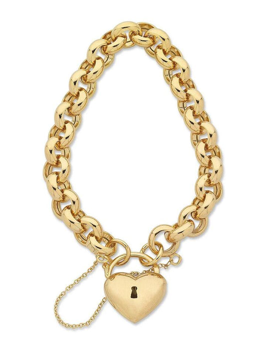 Image of Bracelets. Productname: 20.5cm Heart Padlock Belcher Bracelet in 9kt Yellow Bonded Gold in Gold colour by brand - Bevilles