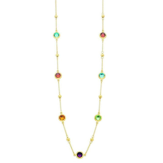 Image of Charms. Productname: 9kt Yellow Gold Bonded Multi Coloured Crystal Necklace 75cm in colour by brand - Bevilles