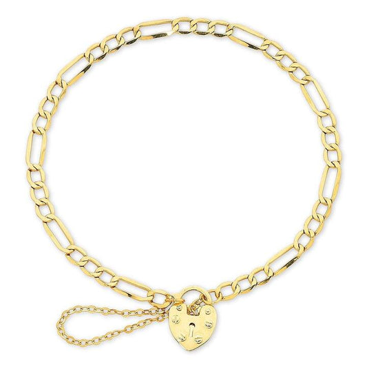 Image of Bracelets. Productname: 19cm Figaro Heart Padlock Bracelet in 9kt Yellow Bonded Gold in Gold colour by brand - Bevilles