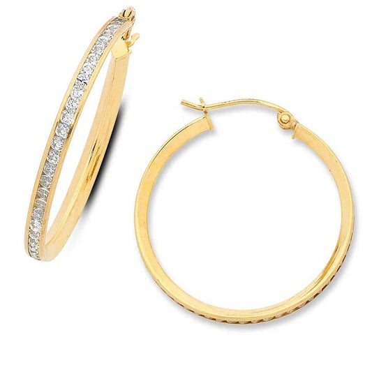 Image of Earrings. Productname: 9kt Yellow Gold Silver Infused 28mm Hoop Earrings in Gold colour by brand - Bevilles