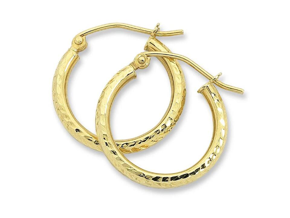 Image of Earrings. Product name - 17mm Diamond Cut Hoop Earrings in 9kt Yellow Bonded Gold in colour by brand - Bevilles