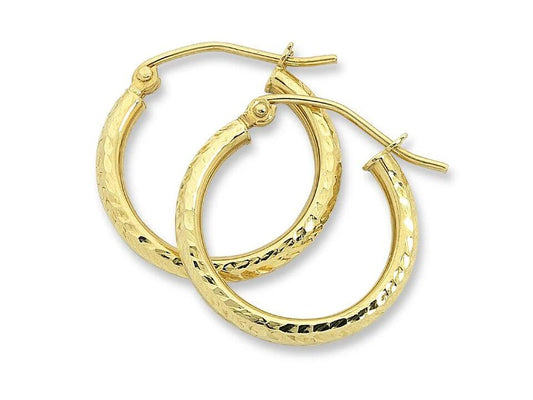 Image of Earrings. Product name - 17mm Diamond Cut Hoop Earrings in 9kt Yellow Bonded Gold in colour by brand - Bevilles
