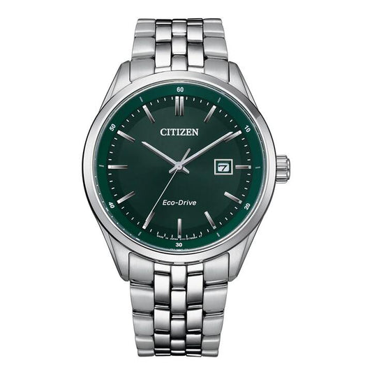 Image of a model wearing Dress. Productname: Citizen Dress Eco-Drive Men's Green Watch BM7569-89X in Watch colour by brand - Citizen