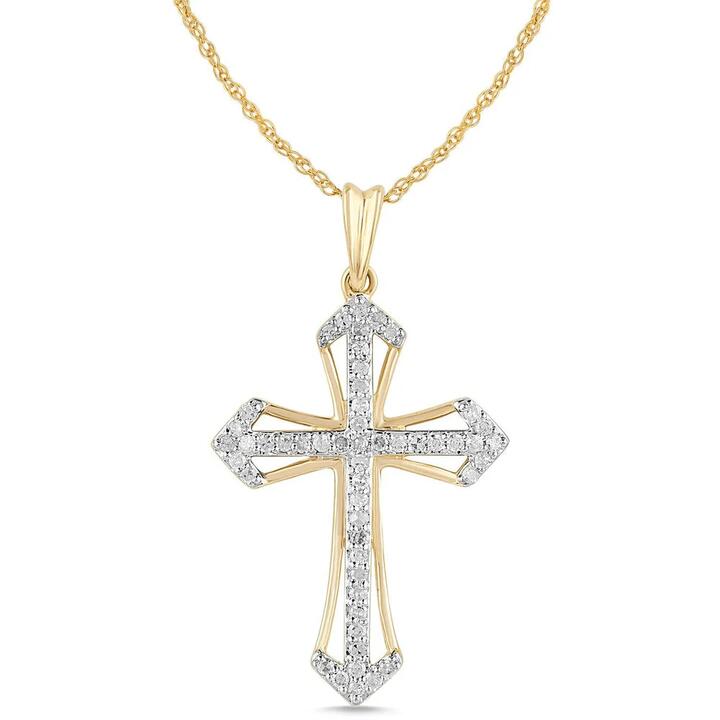 Image of Necklaces. Productname: Cross Necklace with 1/5ct of Diamonds in 9kt Yellow Gold in Diamond colour by brand - Bevilles