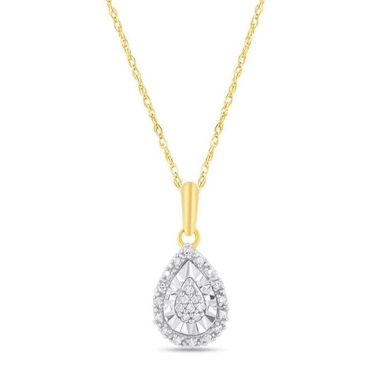Image of Necklaces. Productname: Diamond Set Pear Halo Necklace in 9kt Yellow Gold in Diamond colour by brand - Bevilles