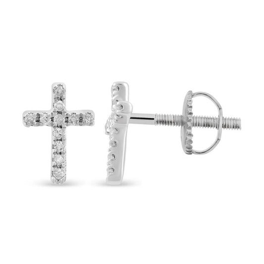 Image of Earrings. Productname: Children's Diamond Cross Earrings in Sterling Silver in Diamond colour by brand - Bevilles