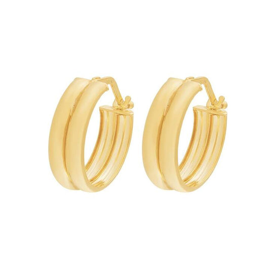 Image of Earrings. Productname: Double Round Hoop Earrings 20mm in 9kt Yellow Bonded Gold Silver Infusion in Gold colour by brand - Bevilles