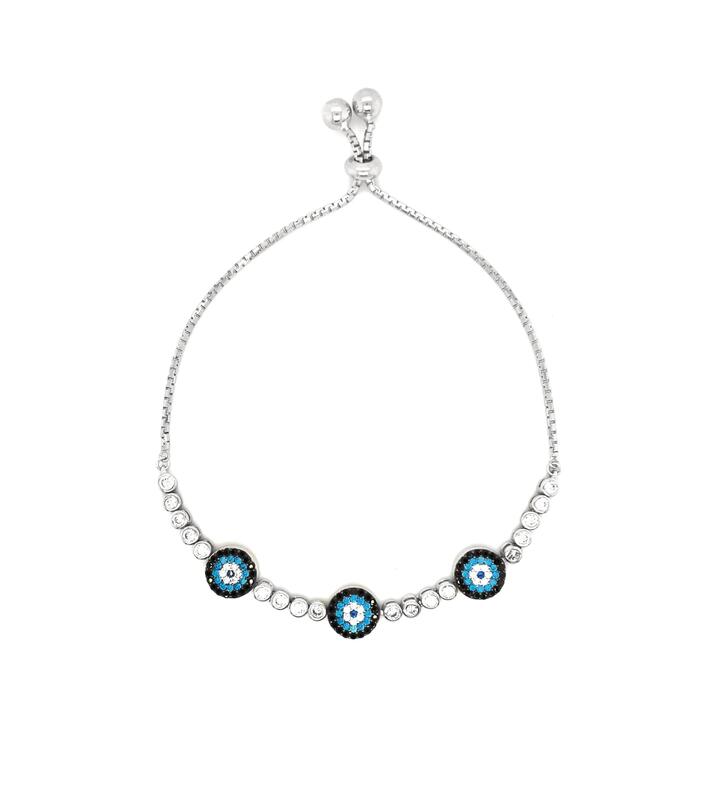 Image of Bracelets. Productname: Evil Eye Cubic Zirconia Bolo Bracelet in Sterling Silver in Silver colour by brand - Bevilles