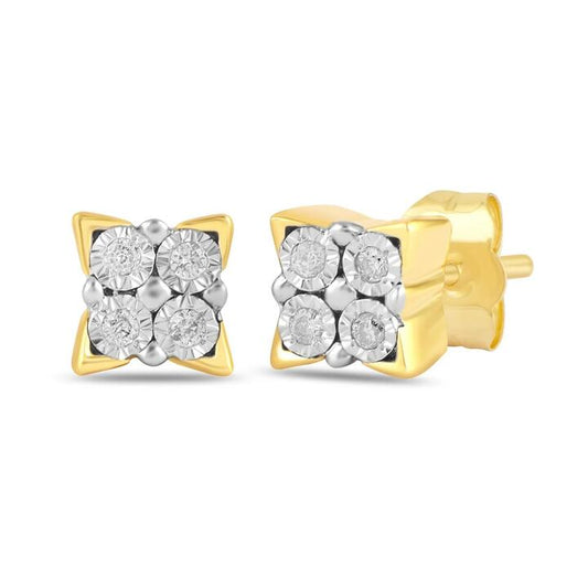 Image of Earrings. Product name - Diamond Set Miracle Square Stud Earrings in 9kt Yellow Gold in colour by brand - Bevilles