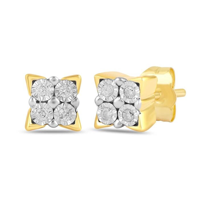 Image of Earrings. Product name - Diamond Set Miracle Square Stud Earrings in 9kt Yellow Gold in colour by brand - Bevilles