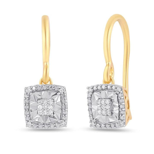 Image of Earrings. Productname: Diamond Set Square Halo Drop Earrings in 9kt Yellow Gold in Diamond colour by brand - Bevilles
