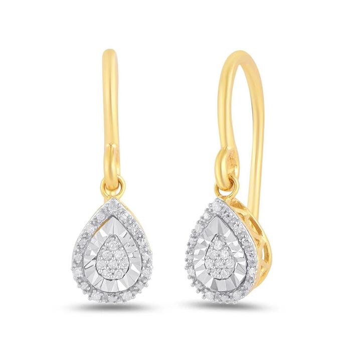 Image of Earrings. Productname: Diamond Set Pear Halo Drop Earrings in 9kt Yellow Gold in Diamond colour by brand - Bevilles