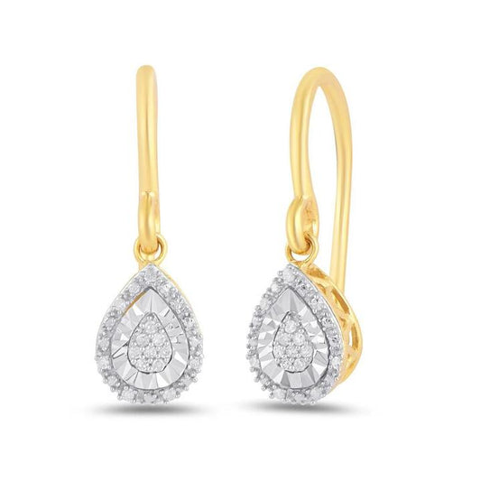 Image of Earrings. Productname: Diamond Set Pear Halo Drop Earrings in 9kt Yellow Gold in Diamond colour by brand - Bevilles