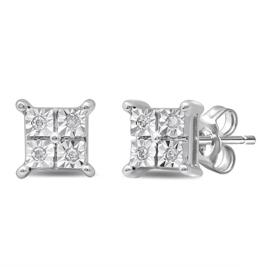 Image of Earrings. Productname: Diamond Illusion Square Look Earrings in 9kt White Gold in Diamond colour by brand - Bevilles