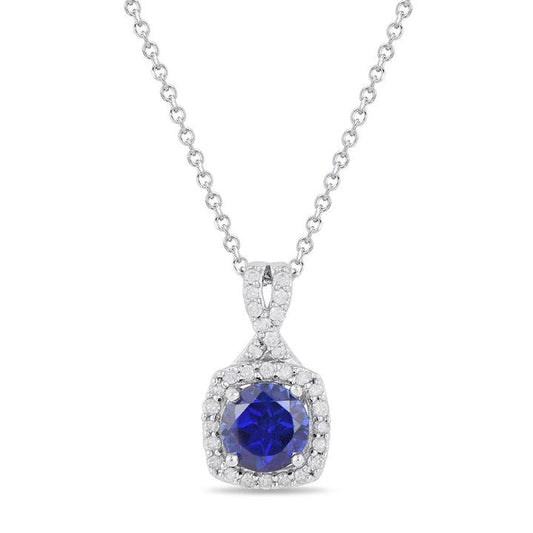 Image of Necklaces. Productname: 45cm Created Sapphire Cushion Halo Necklace with 0.20tw of Diamonds in Sterling Silver in Diamond colour by brand - Bevilles