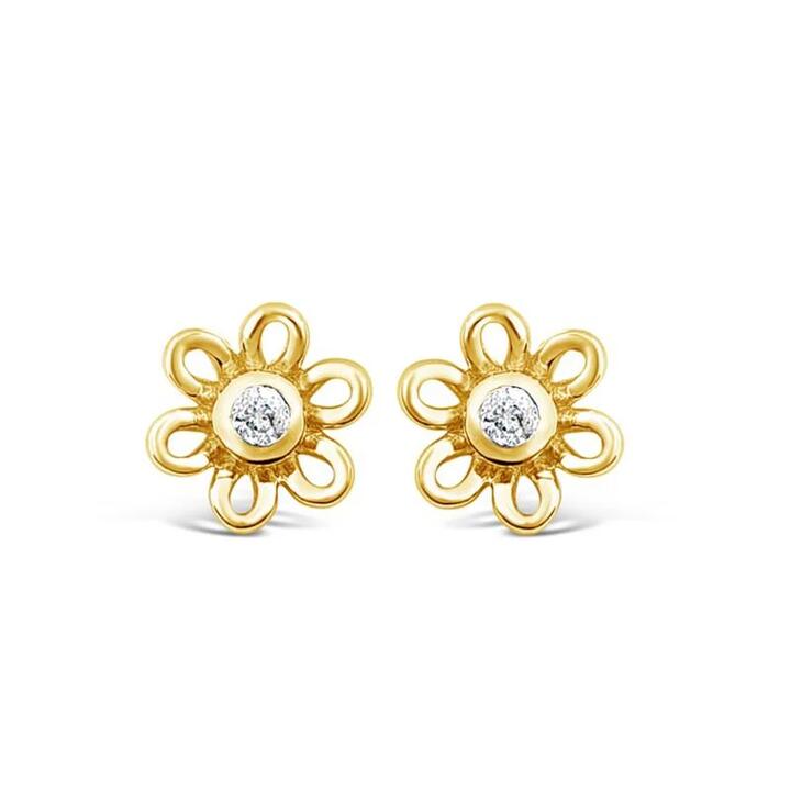 Image of Earrings. Productname: Children's Diamond Open Flower Earrings in 9kt Yellow Gold in Diamond colour by brand - Bevilles