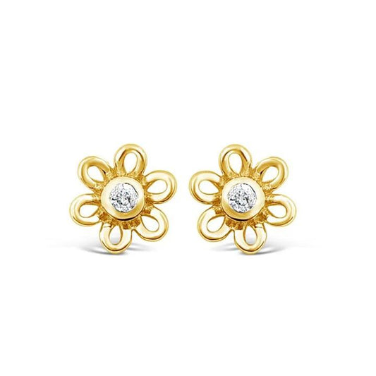Image of Earrings. Productname: Children's Diamond Open Flower Earrings in 9kt Yellow Gold in Diamond colour by brand - Bevilles