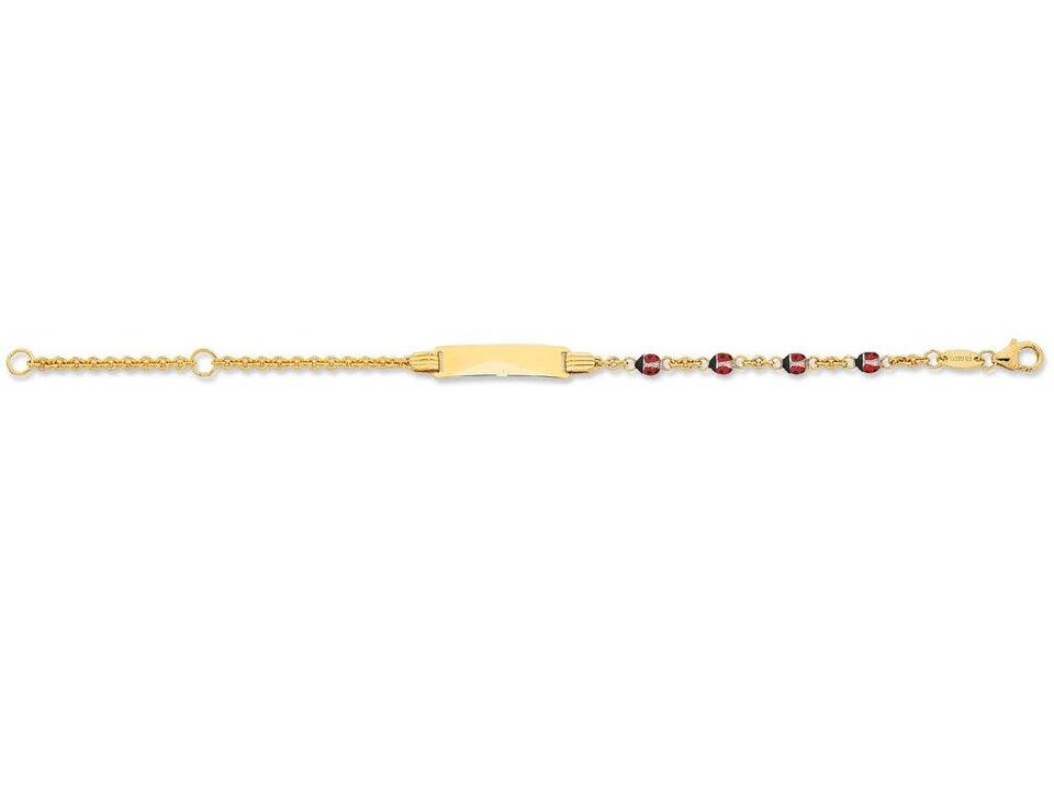 Image of Bracelets. Productname: 16cm Enamel Lady Bug Charm I.D. Bracelet in 9kt Yellow Bonded Gold in Gold colour by brand - Bevilles