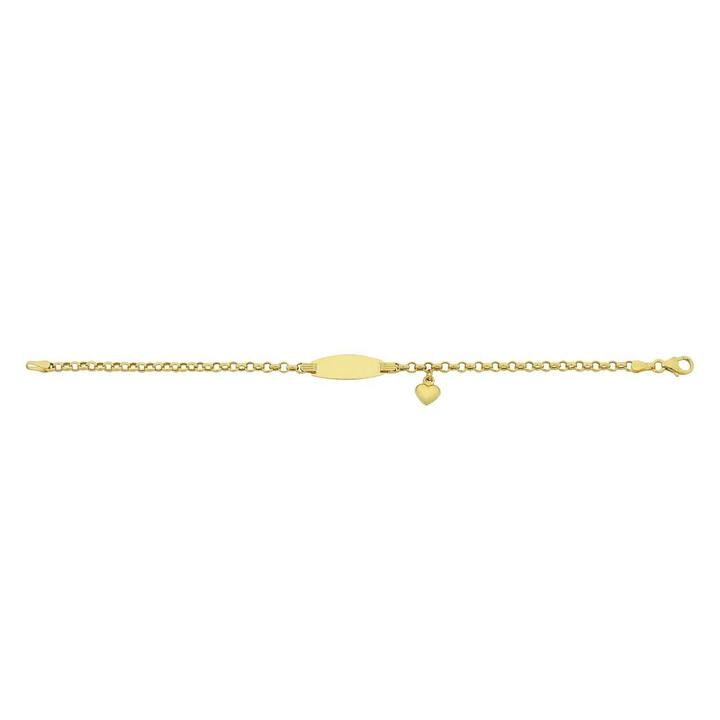 Image of Bracelets. Product name - 16cm Heart Charm I.D. Bracelet in 9kt Yellow Bonded Gold in colour by brand - Bevilles