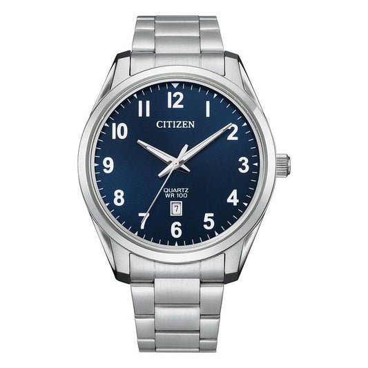 Image of a model wearing Dress. Productname: Citizen Dress Quartz Men's Blue Watch BI1031-51L in Watch colour by brand - Citizen