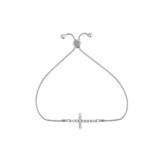 Image of Bracelets. Productname: 12cm Diamond Set Miracle Cross Bolo Bracelet in Sterling Silver in Diamond colour by brand - Bevilles