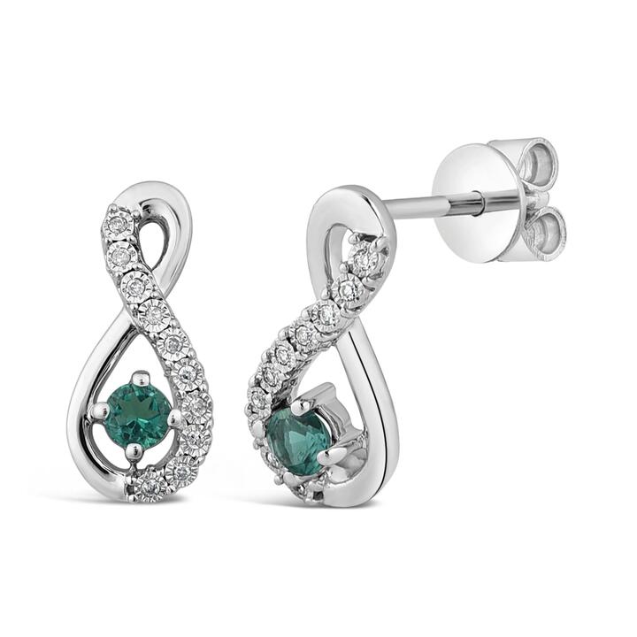 Image of Earrings. Product name - Created Emerald and Diamond Infinity Earrings in Sterling Silver in colour by brand - Bevilles