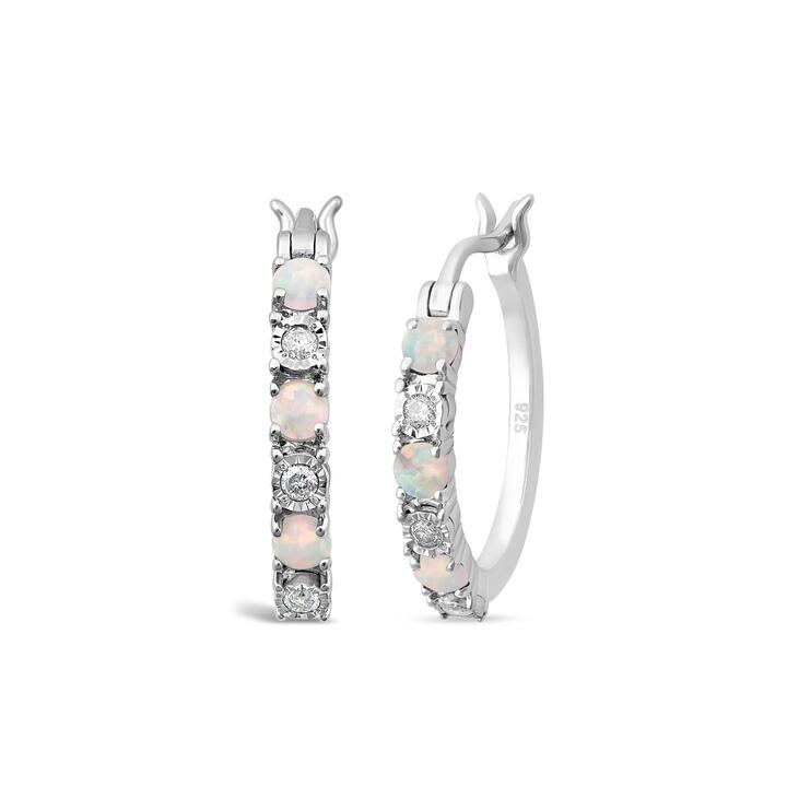 Image of Earrings. Product name - Created Opal and Diamond Set Hoop Earrings in Sterling Silver in colour by brand - Bevilles