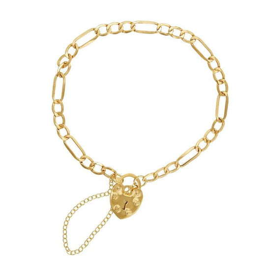 Image of Bracelets. Product name - 15cm Figaro Heart Padlock Bracelet in 9kt Yellow Bonded Gold in colour by brand - Bevilles