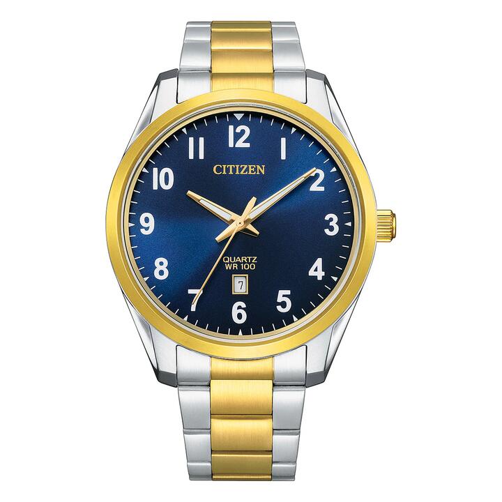 Image of a model wearing Dress. Productname: Citizen Dress Quartz Men's Blue Watch BI1036-57L in Watch colour by brand - Citizen