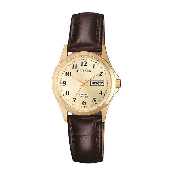 Image of Watches. Productname: Citizen Ladies Leather Strap Gold Watch Model EQ2002-07P in Watch colour by brand - Citizen