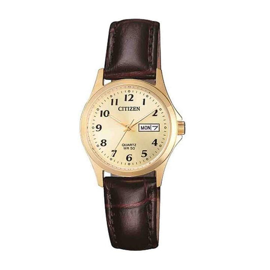 Image of Watches. Productname: Citizen Ladies Leather Strap Gold Watch Model EQ2002-07P in Watch colour by brand - Citizen