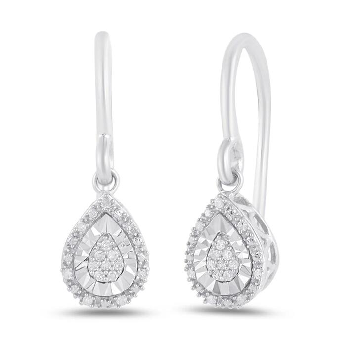 Image of Earrings. Product name - Diamond Set Pear Halo Drop Earrings in Sterling Silver in colour by brand - Bevilles