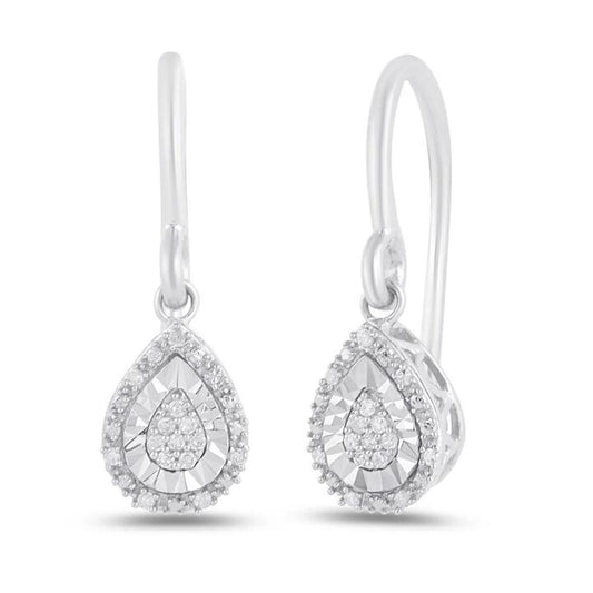 Image of Earrings. Product name - Diamond Set Pear Halo Drop Earrings in Sterling Silver in colour by brand - Bevilles