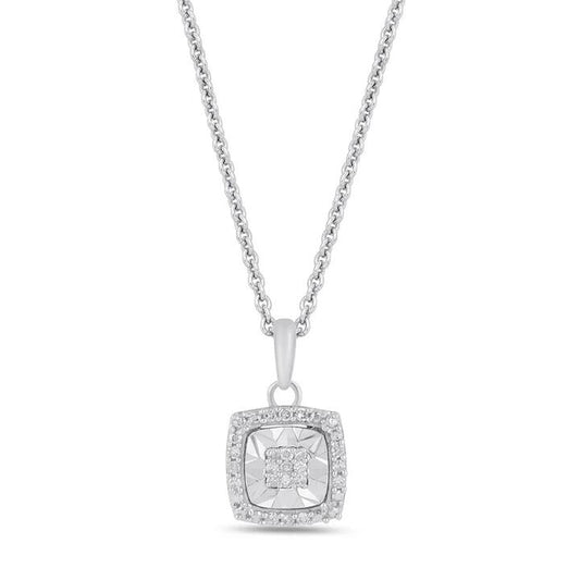 Image of Necklaces. Productname: Diamond Set Cushion Miracle Halo Necklace in Sterling Silver in Diamond colour by brand - Bevilles