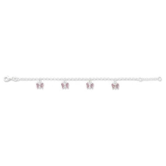Image of Bracelets. Product name - 16cm Children's Pink Crystal Butterfly Charm Bracelet in Sterling Silver in colour by brand - Bevilles