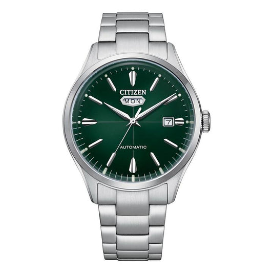 Image of a model wearing Dress. Productname: Citizen Dress Automatic Men's Green Watch NH8391-51X in Watch colour by brand - Citizen