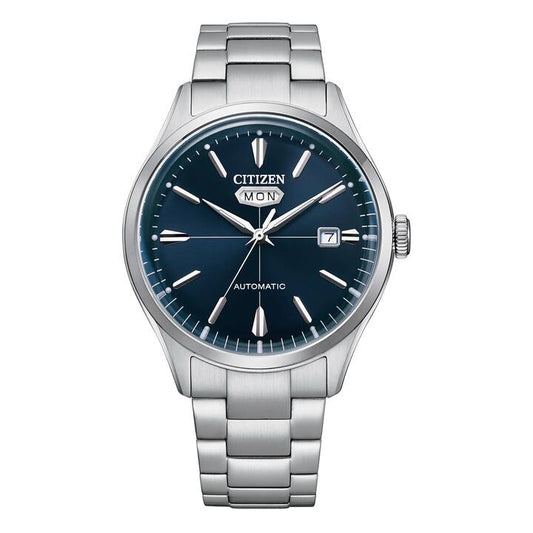 Image of a model wearing Dress. Productname: Citizen Dress Automatic Men's Blue Watch NH8391-51L in Watch colour by brand - Citizen