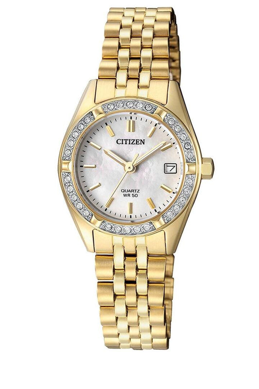 Image of Watches. Productname: Citizen Ladies Gold Stone Set Watch EU6062-50D in Watch colour by brand - Citizen