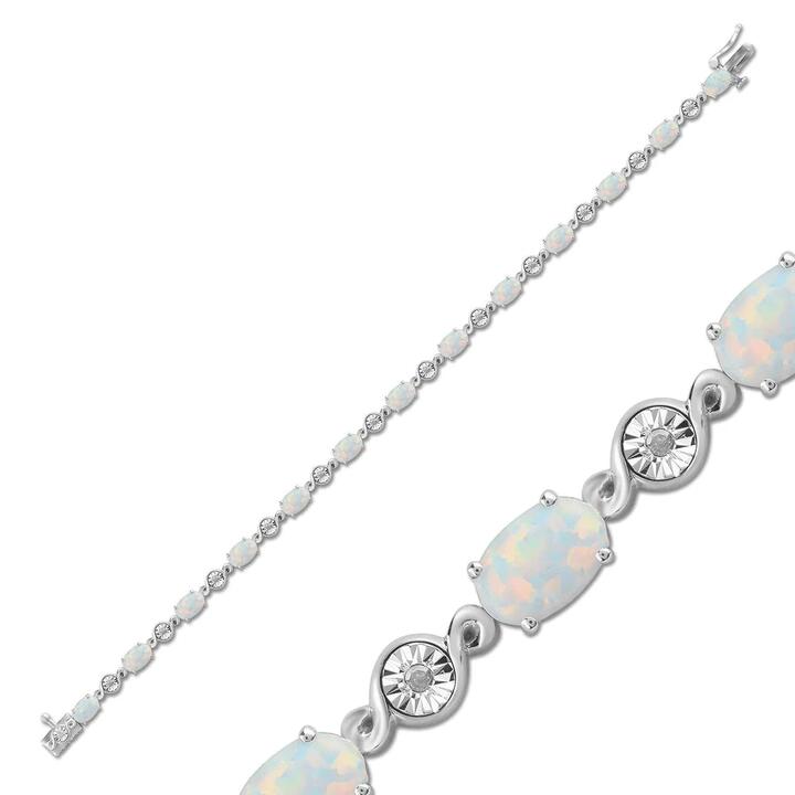Image of Bracelets. Productname: 18cm Created Opal Tennis Bracelet with 0.05tw of Diamonds in Sterling Silver in Diamond colour by brand - Bevilles