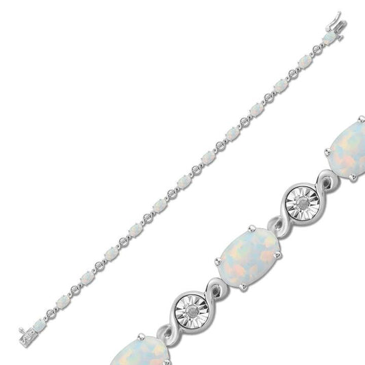 Image of Bracelets. Productname: 18cm Created Opal Tennis Bracelet with 0.05tw of Diamonds in Sterling Silver in Diamond colour by brand - Bevilles